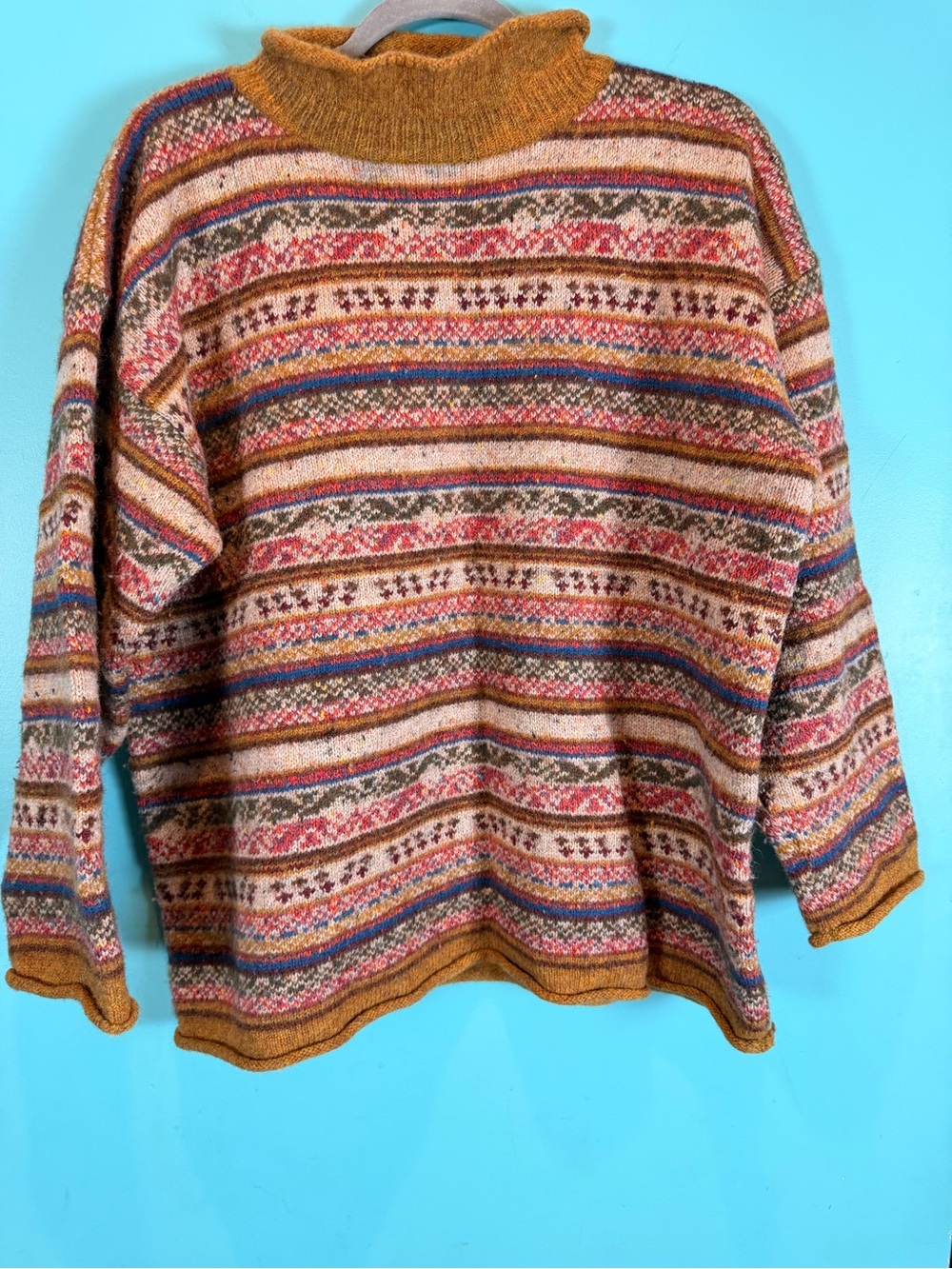 Vintage Forenza Women’s Fair Isle Mock Neck Sweater with Mustard Trim